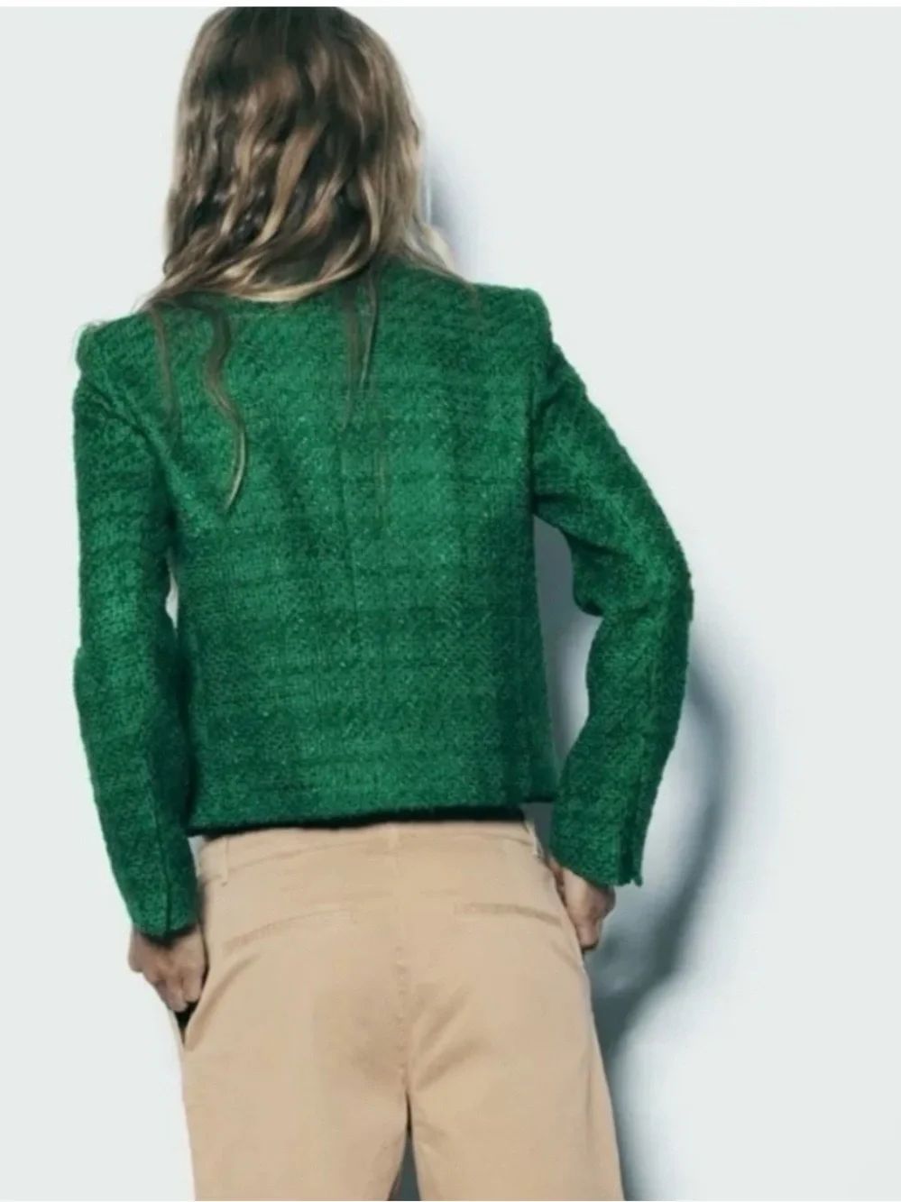 NWT Zara Gold Button Emerald Green Tweed Cropped Blazer Size:SMALL - Picture 5 of 10